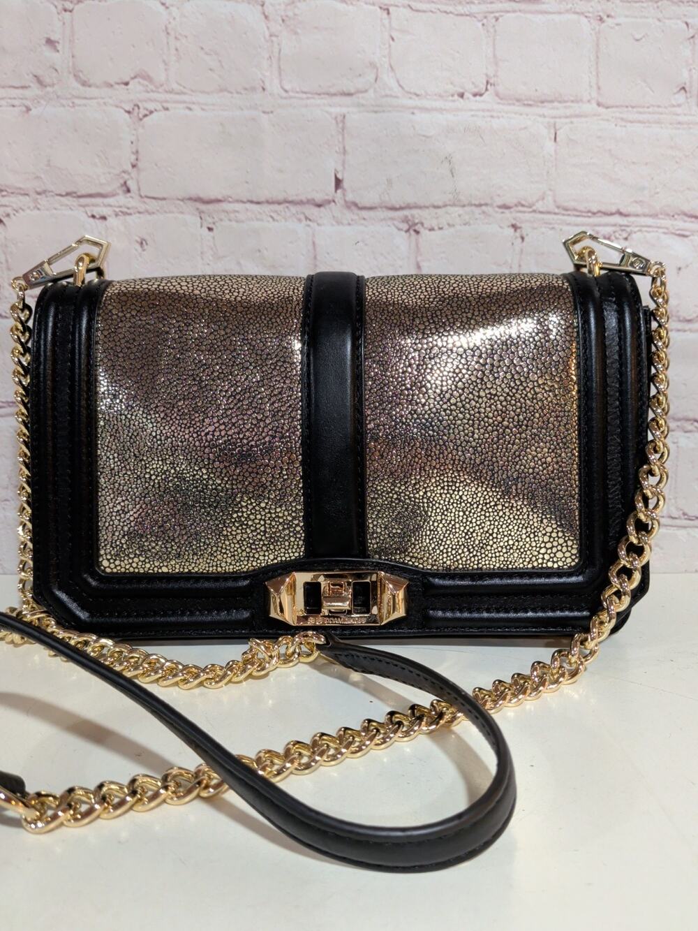 Rebecca Minkoff Love Crossbody Bag Black Gold Leather Chain Dust bag Great
